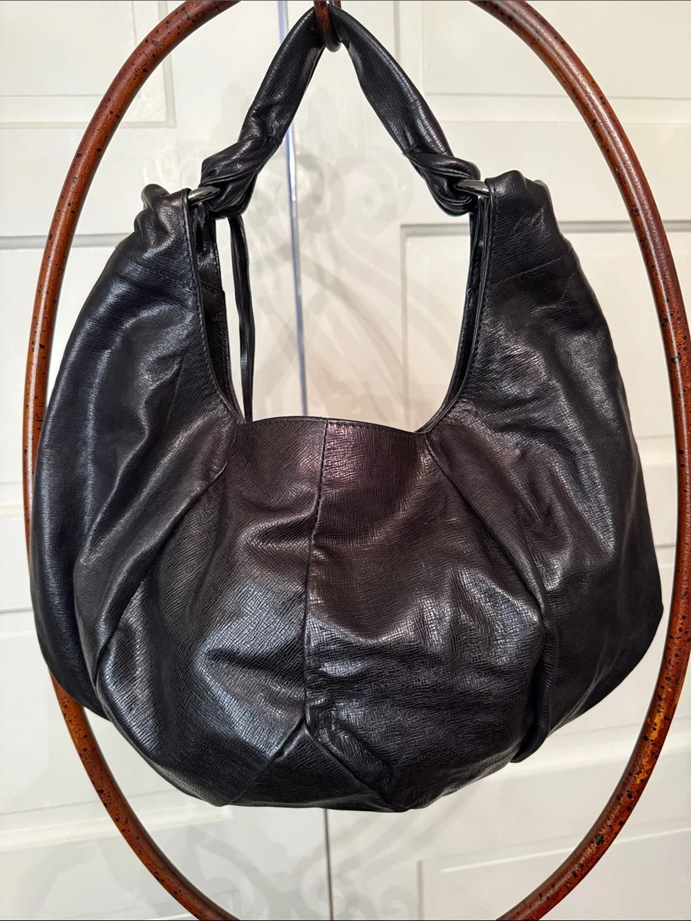 Furla Italian Leather Slouchy Hobo Shoulder Bag Black Tassel Large
